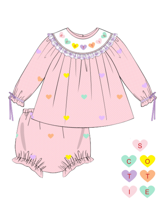 Conversation Hearts Name Smock Bloomer Set